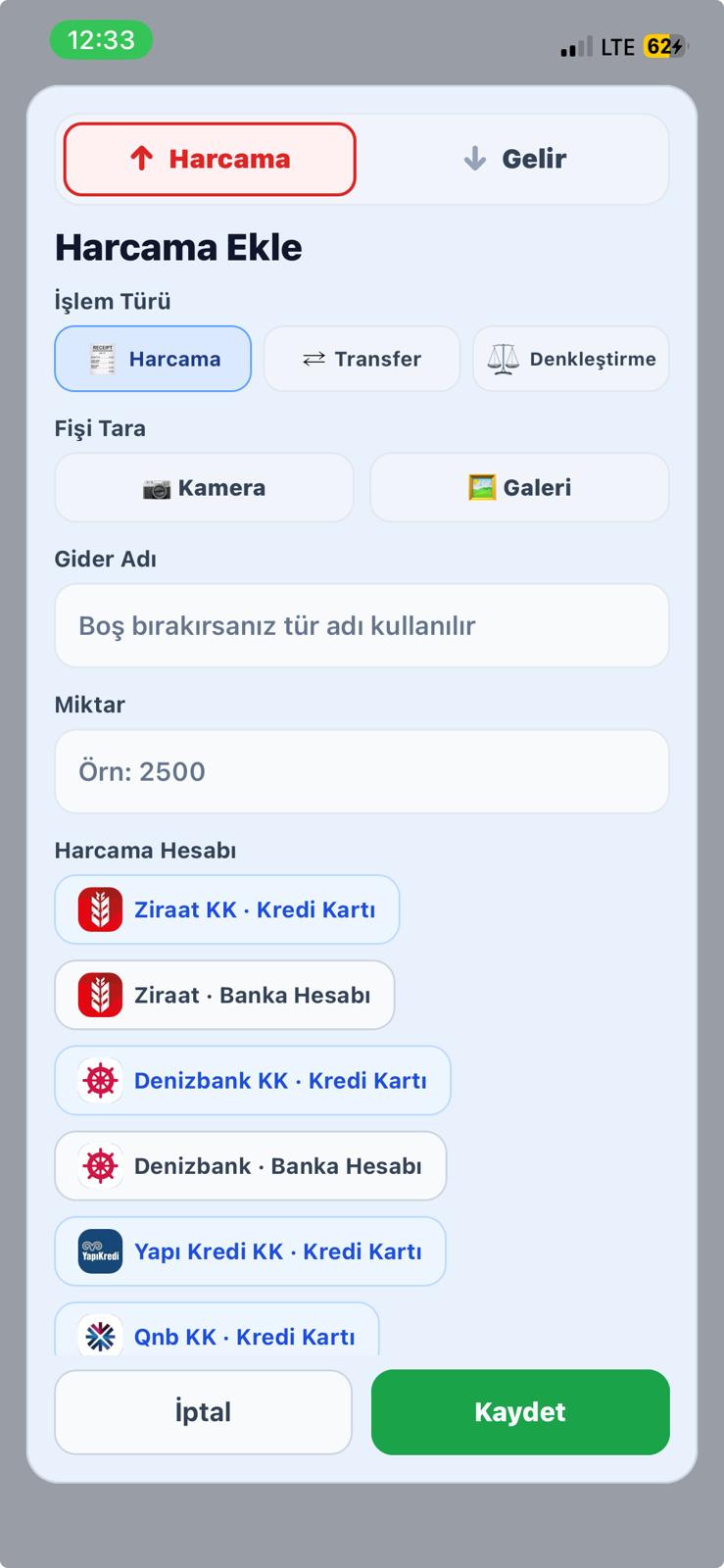 Budgivo harcama ekleme ve fiş tarama ekranı